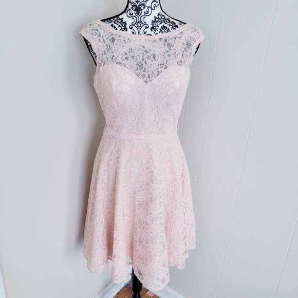 MoriLee by Madeline Gardener Lace Affairs Blush High Neck Mini Bridesmaids Dress - Picture 2 of 8